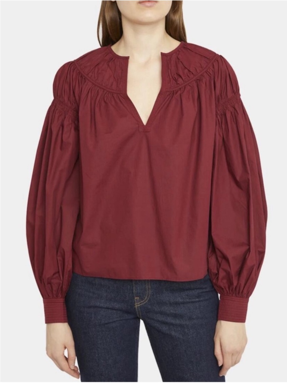 Ulla Johnson Ora V-Neck Bishop-Sleeve Blouse Top Burgandy Size 0